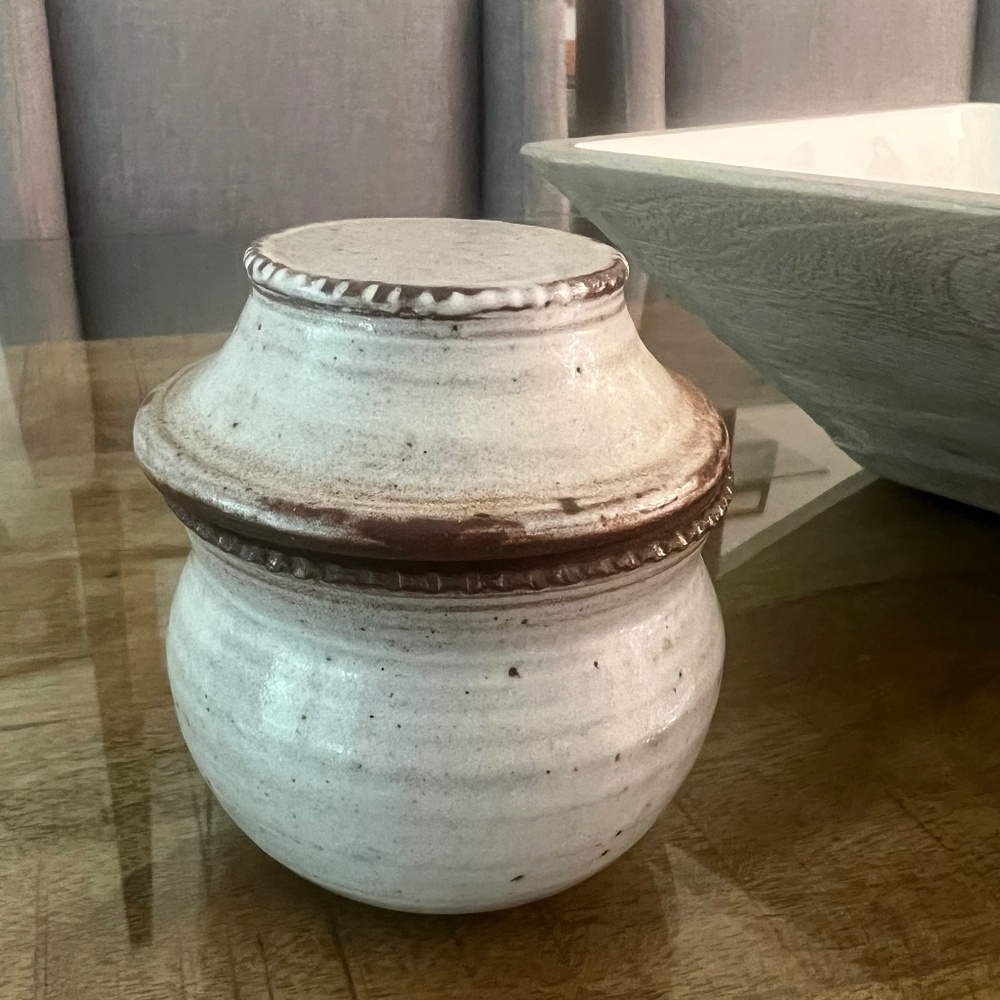 Sandstone pot signed by the owl by Norbert Pierlot pottery butter keeper